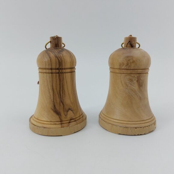 Olive wood Holy Land Carved Bell Nativity Bethlehem Israel Christmas Set of 2 - Picture 4 of 10